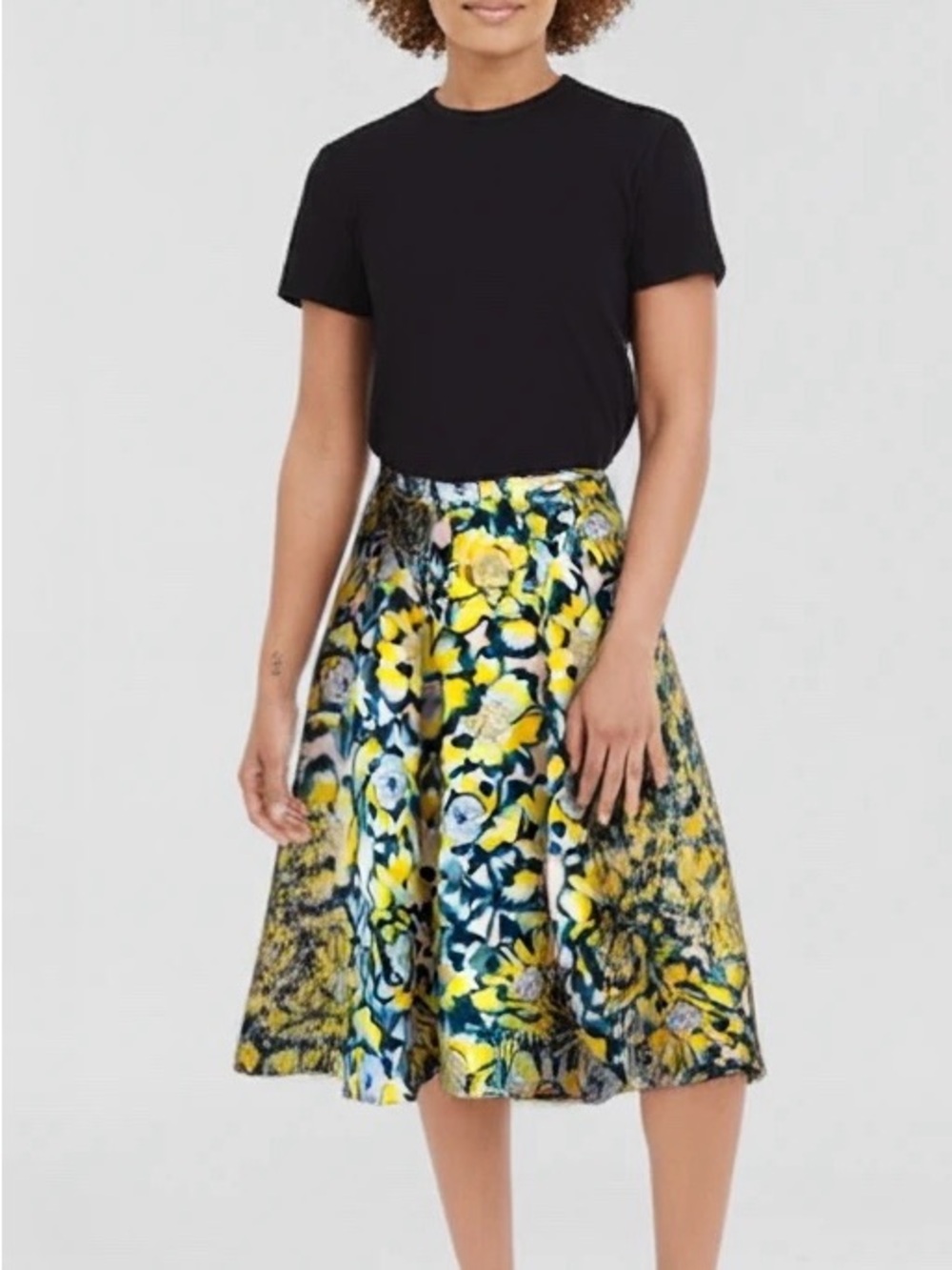 H&M Yellow Floral Jacquard Pleated A-Line Knee Skirt Lined Pockets Zip 8